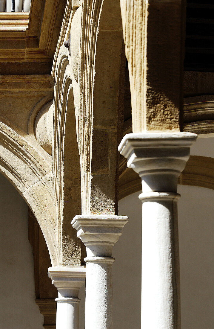 Detail von Säulen und Bögen im Innenhof des Parador Nacional del Condestable Dávalos. Úbeda. Provinz Jaén. Spanien