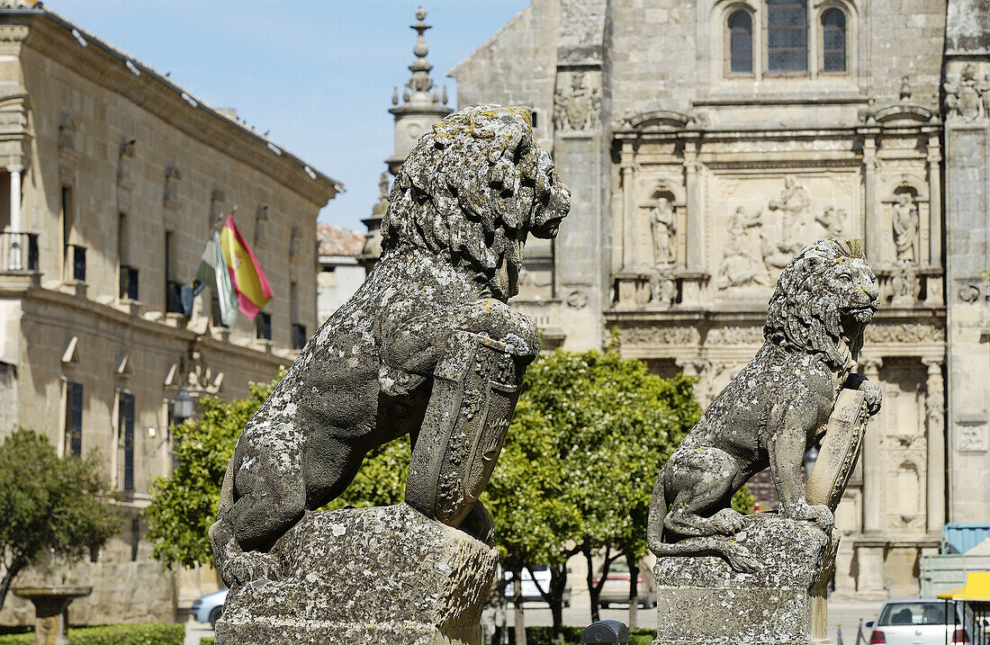 Löwenstatuen auf dem Platz vor dem Palacio de las Cadenas und der Iglesia del Salvador. Úbeda. Provinz Jaén. Spanien