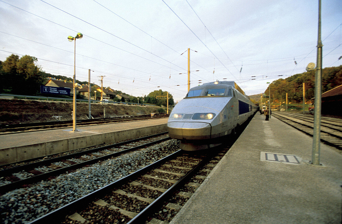 TGV (Very High Speed Train) arriving at the station. Pontarlier. Doubs. Franche-Comte. France