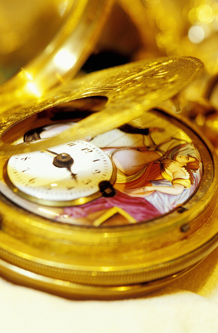 Erotic XVIIIth century french gold watch. Musee de la Montre (Watch Museum). Villers-le-Lac. Doubs. Franche-Comte. France