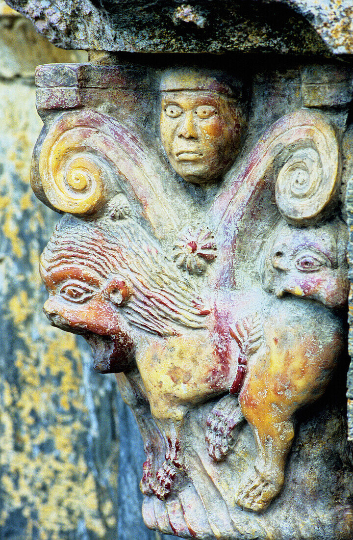 Detail of chapital at gallery of Serrabone priory, built 11th century. Pyrenees-Orientales. Languedoc Roussillon. France