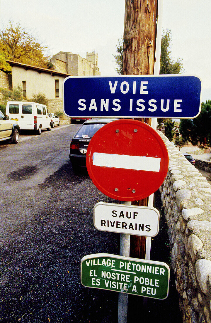 Road signs. Eus. Pyrenees-Orientales, Languedoc Roussillon. France