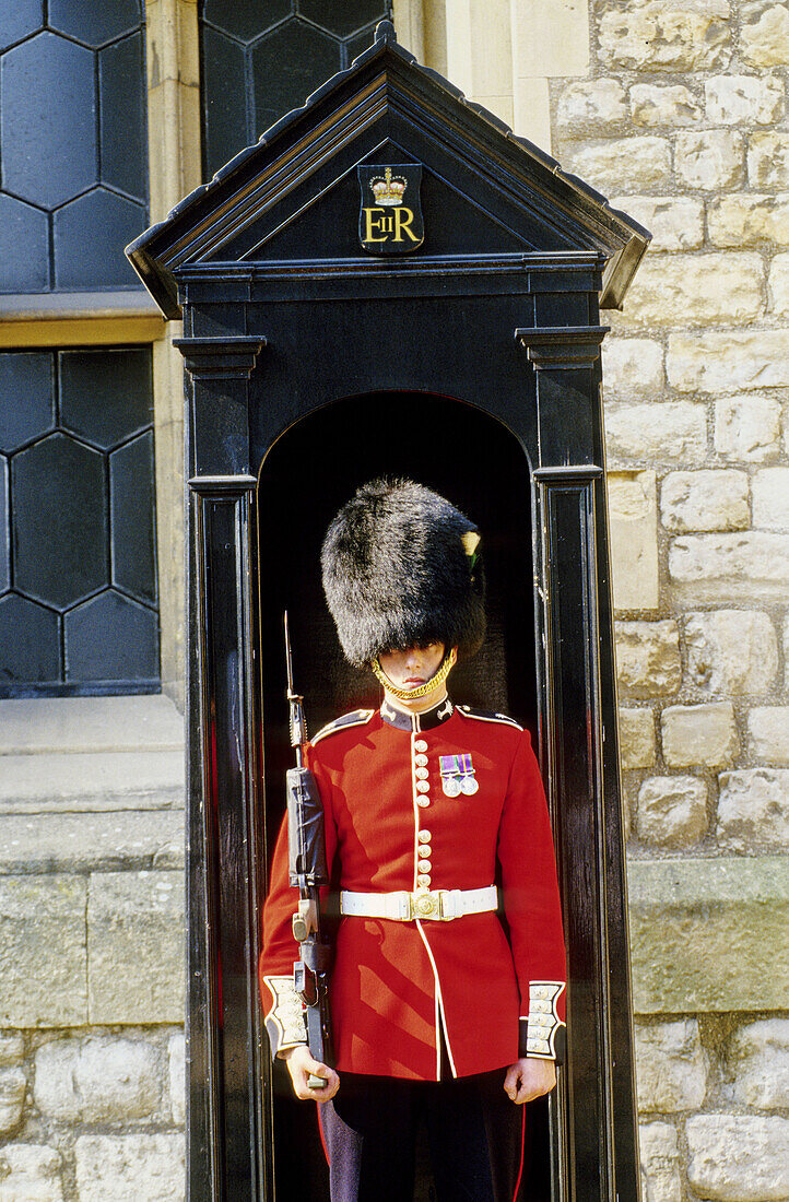 Horse guard mounting guard at Tower of London. London. England