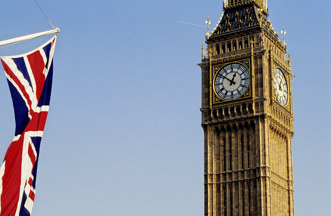 Big Ben and UK flag. Westminster. London. England