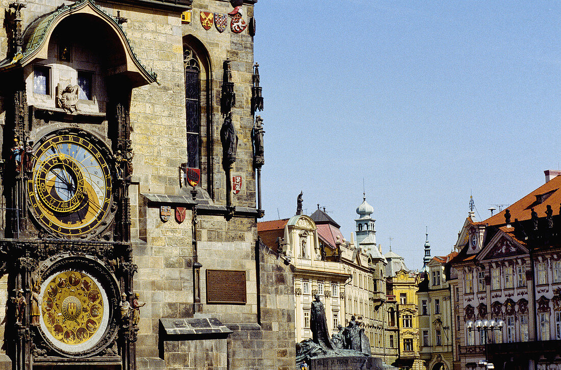 Staromestské Namesti (Old Town Square) and astronomical clock on the left. Prague. Czech Republic