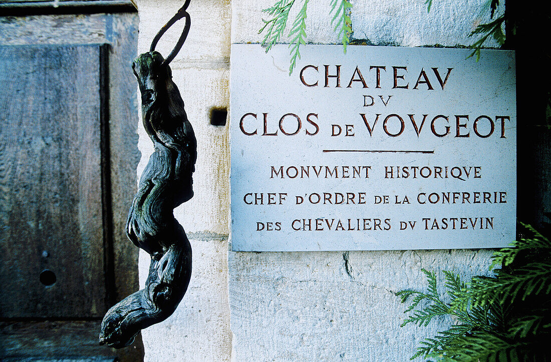 Clos Vougeot castle. Entrance sign and bell. Côte de Nuits. Côte d Or. Burgundy. France.
