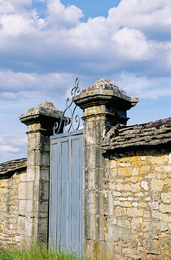 Gate of a Clos, closed vineyards surrounded by stone walls. Côte de Nuits. Côte d Or. Burgundy. France.