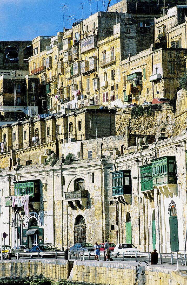 Typical bow windows on Grand Harbour side. Valletta. Malta.