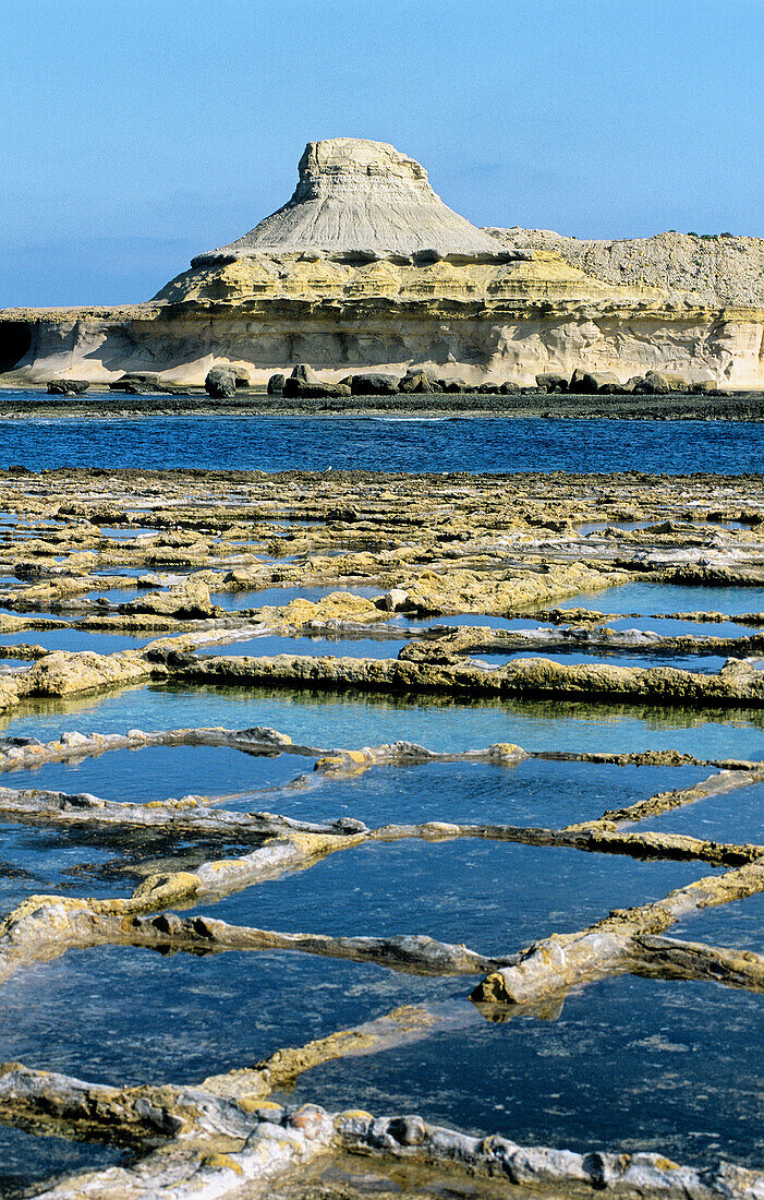 Salted marshes carved in the rock. Gozo island. Malta.