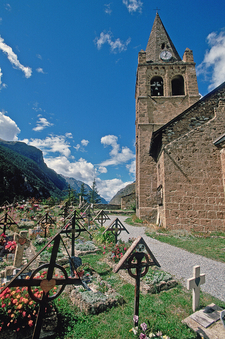 Church and cemetery where many alpinists are buried. La Grave. Hautes Alpes. France.