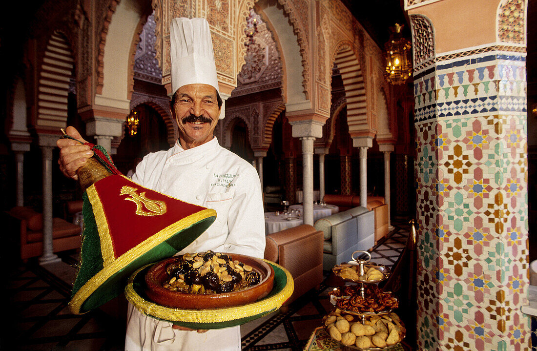 Traditional tajine dish, luxury hotel La Mamounia, built with the best traditional materials. Marrakech. Morocco
