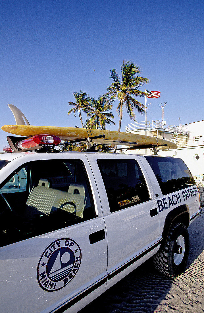 The beach patrol. Ocean Drive beach in the Art Deco district, Miami Beach, Florida. USA.