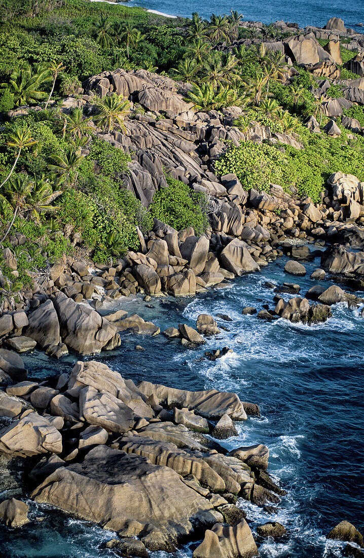 Aerial of Anse d Argent rocky shoreline. La Digue island. Seychelles
