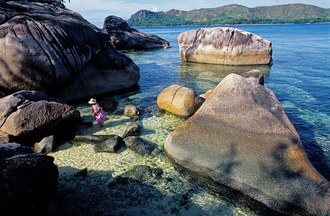 Mrs des Anges gathering shells. Anse Lazio beach and lagoon. Praslin Island. Seychelles