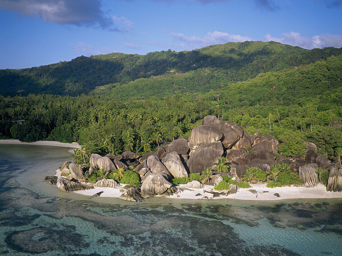 Aerial of Anse Source d Argent beach and rocks. La Digue. Seychelles
