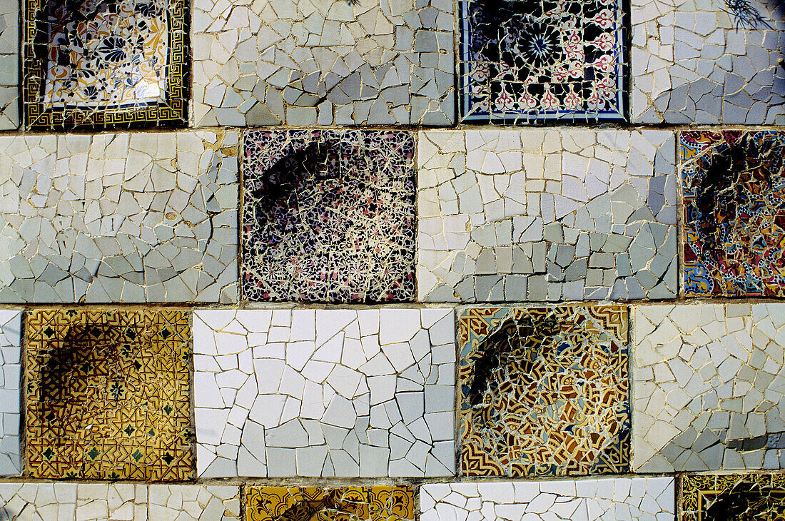 Detail of mosaic, Güell Park by Gaudí. Barcelona. Spain