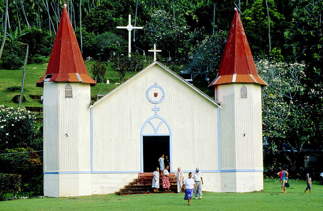 Wooden chapel in Hatiheu. Nuku-Hiva island. Marquesas archipelago. French Polynesia