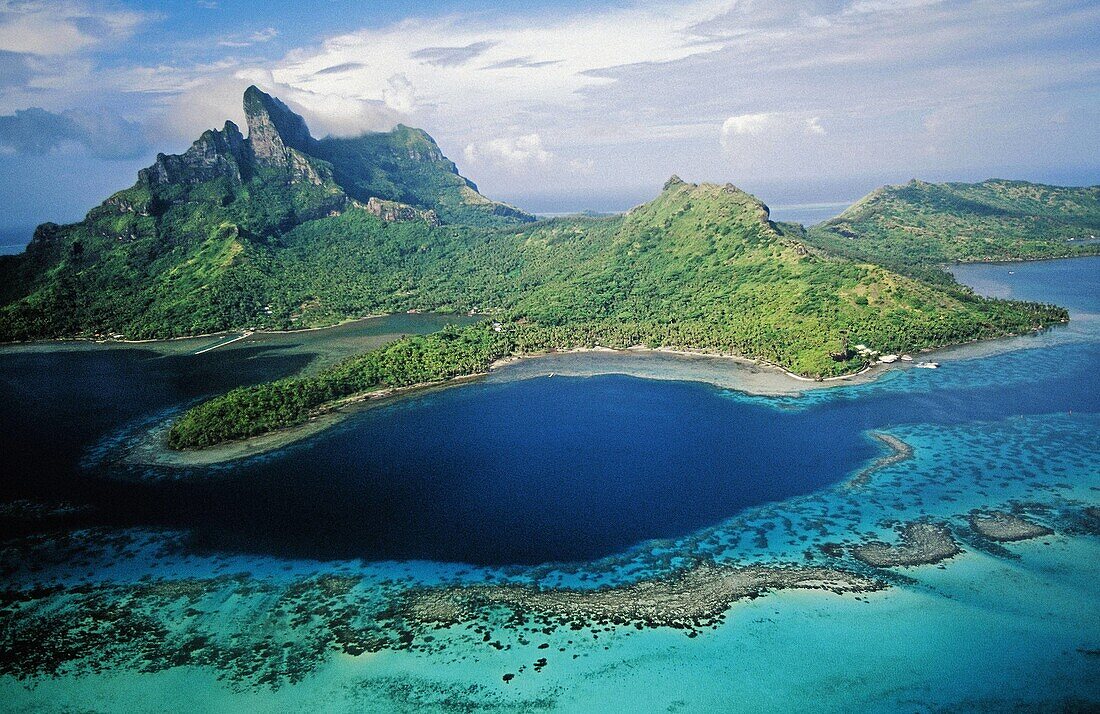 Aerial of Bora-Bora in the Leeward islands. Society archipelago. French Polynesia