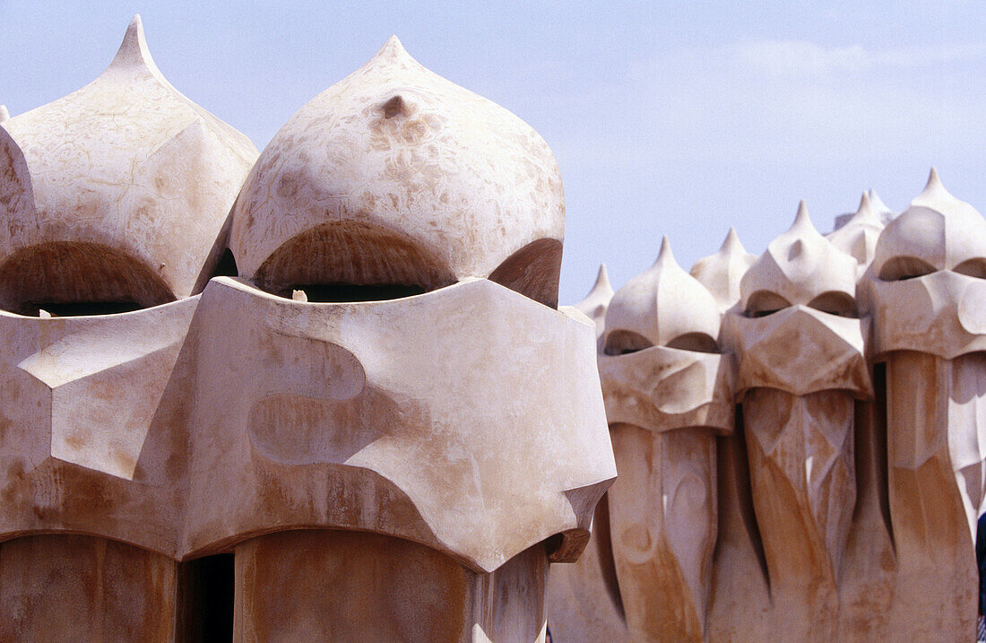 Detail of chimneys at roof terrace of Milà House (aka La Pedrera 1906-1912 by Gaudí). Barcelona. Spain