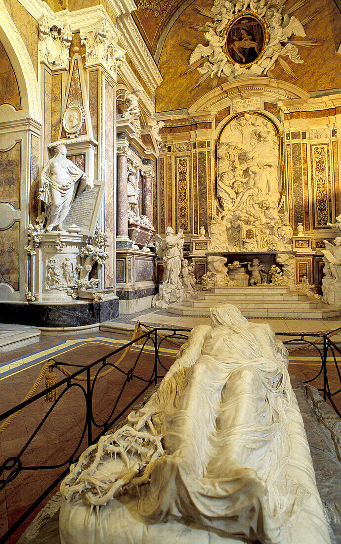Interior of Cappella Sansevero de Sangri (decorated 1749-66) with the Veiled Christ (1735) sculpture by Giuseppe Sammartino at fore. Naples. Italy