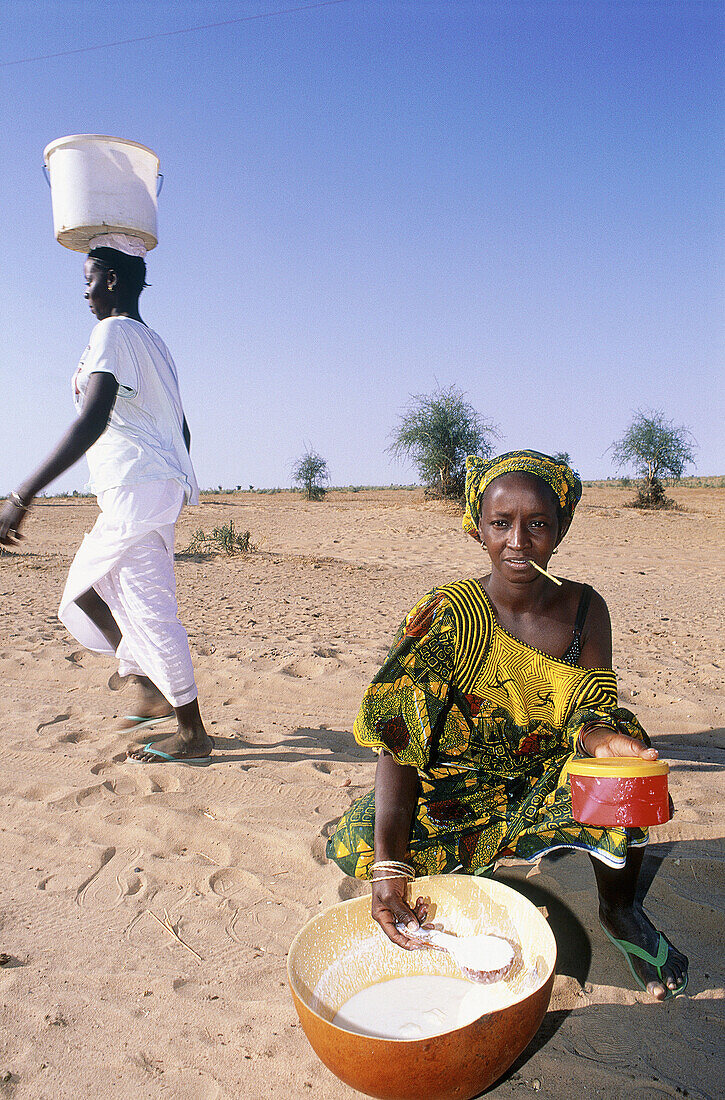 Peuhl young woman selling fermented milk near Touba in Baol region. Senegal