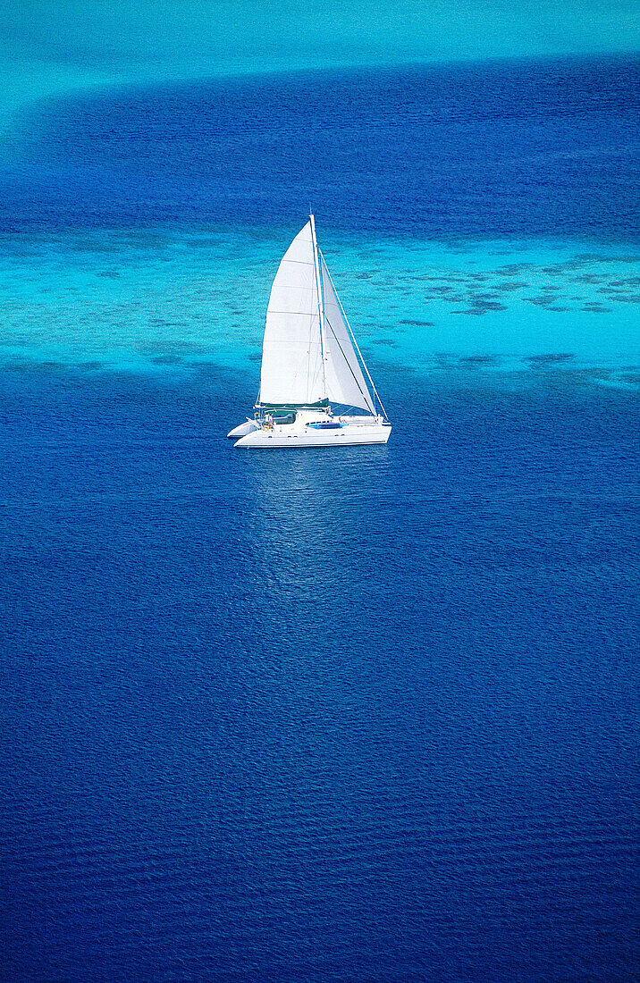 Aerial of a sailing boat heading on. Bora Bora lagoon. Leeward Islands. French Polynesia