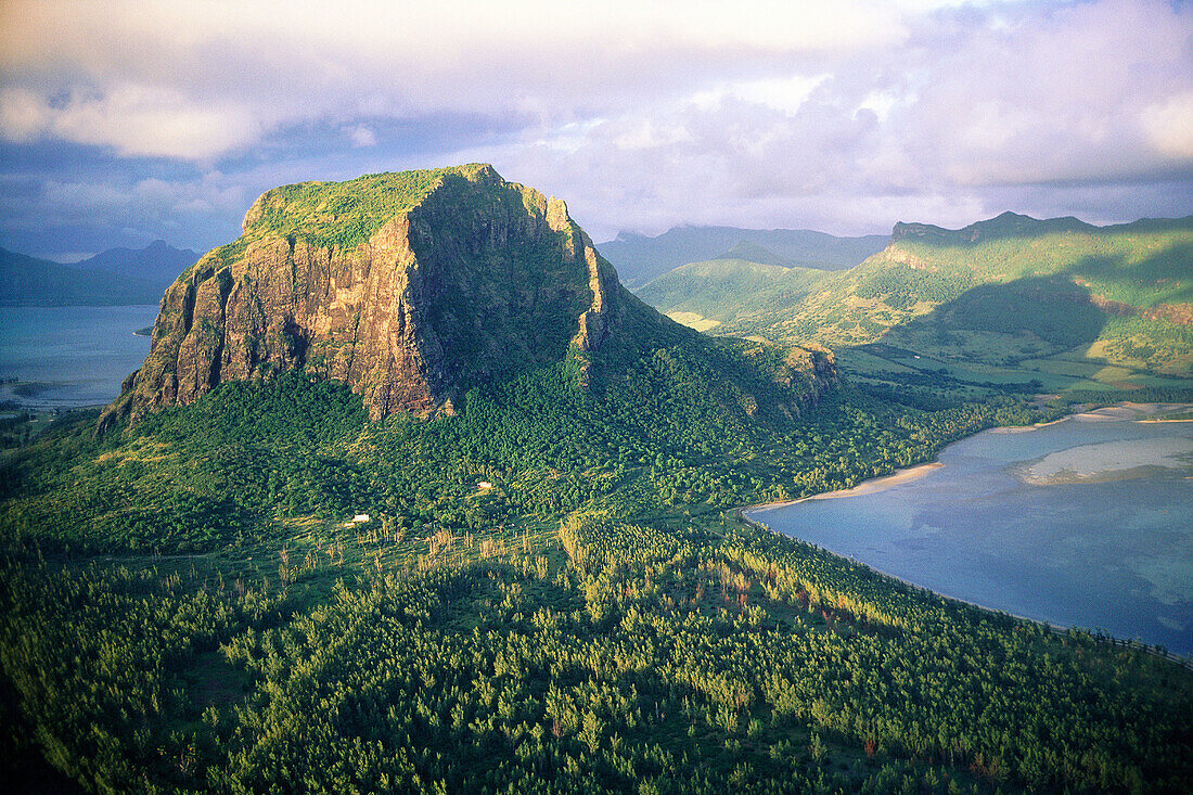 Aerial of Morne Brabant Hill at dusk. Mauritius
