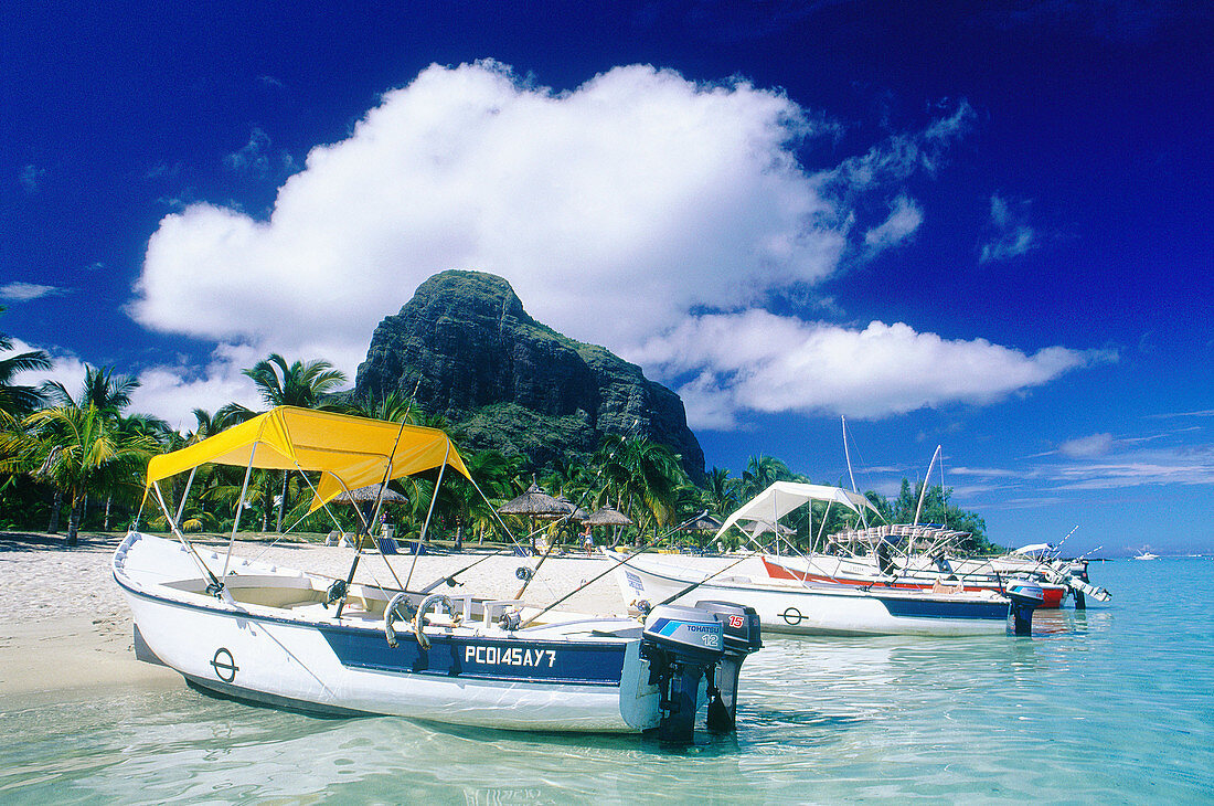 Morne Brabant beach and chartered boats half ashore. Mauritius