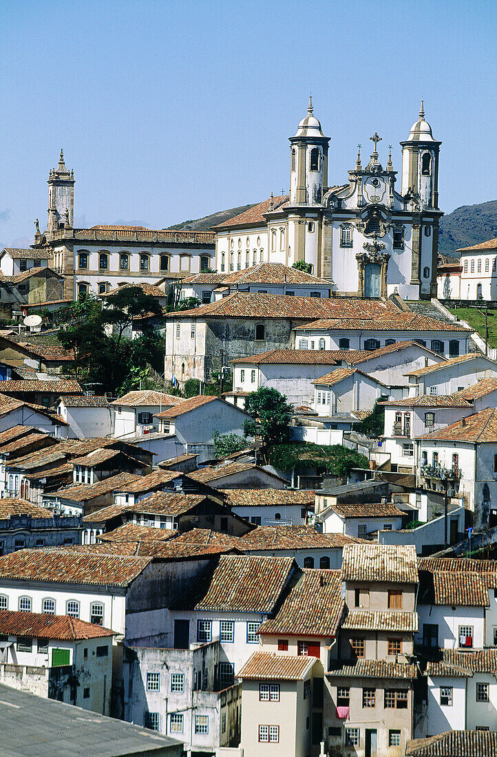 Overview on the city and Igreja do Carmo (Carmo Church) in background. Historic city of Ouro Preto. Minas Gerais. Brazil