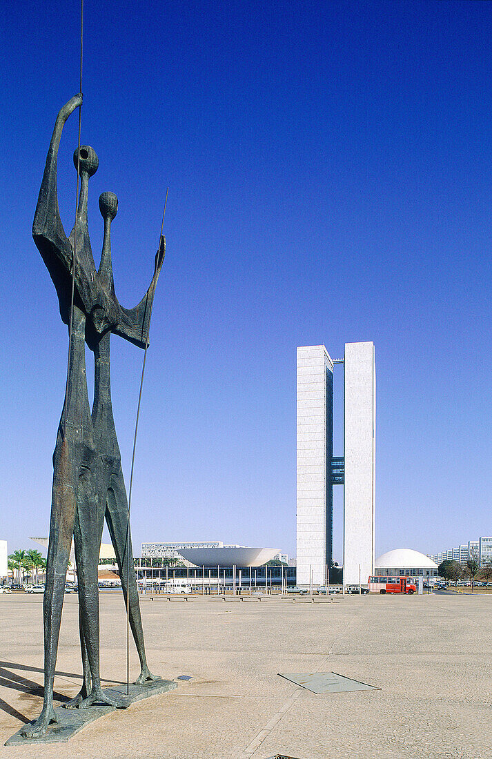 National Congress (by Oscar Niemeyer) and The Candangos monument. Brasilia. Brazil