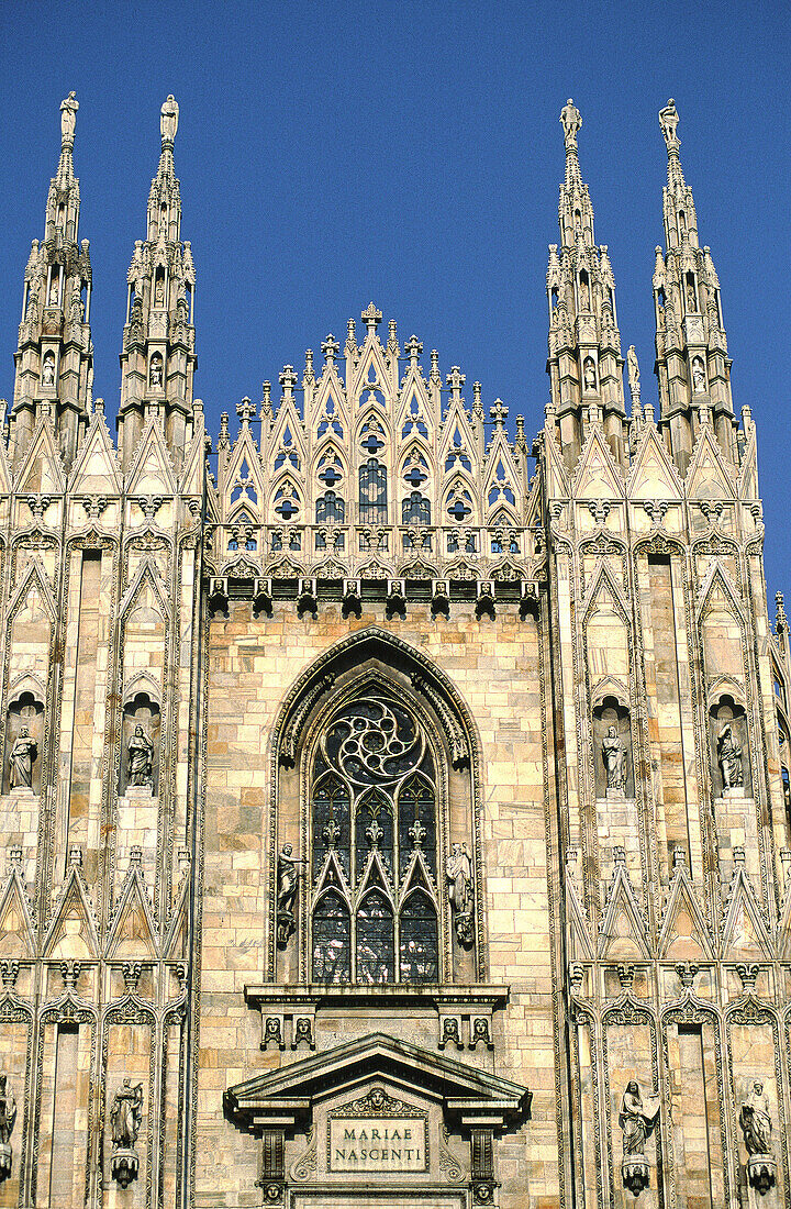 Partial view of main facade of the Duomo. Milan. Italy