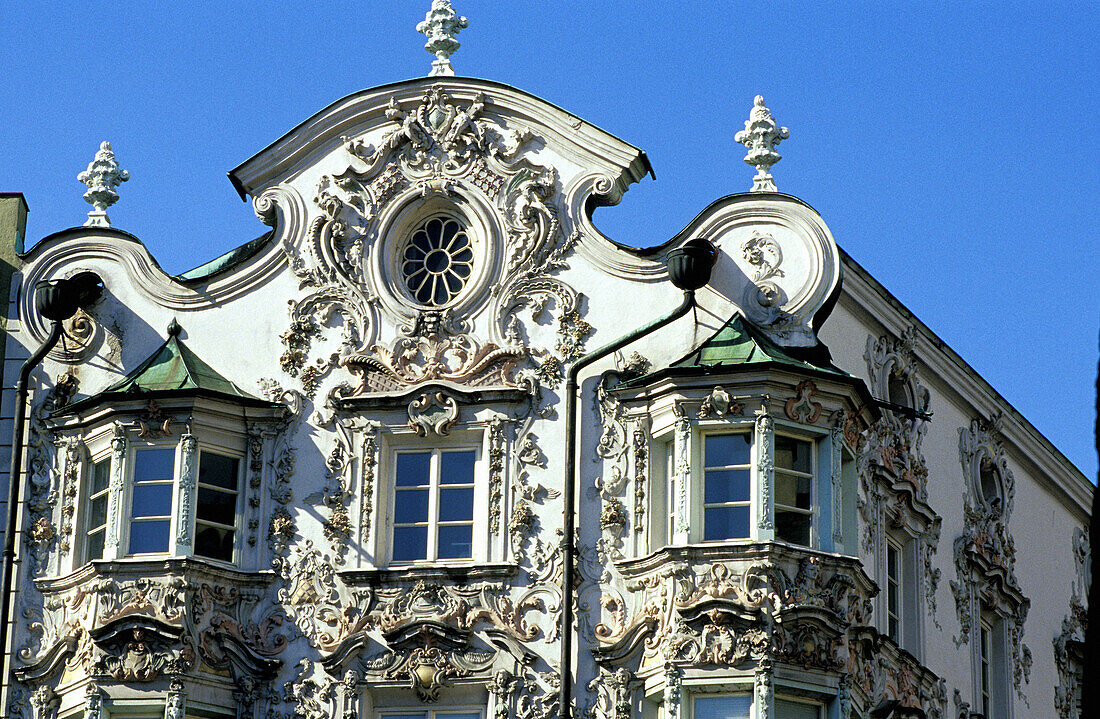 Helblinghaus, facade decorated with late Baroque plasterwork and front oriels by Anton Gigl (c. 1730). Old town, Innsbruck. Austria