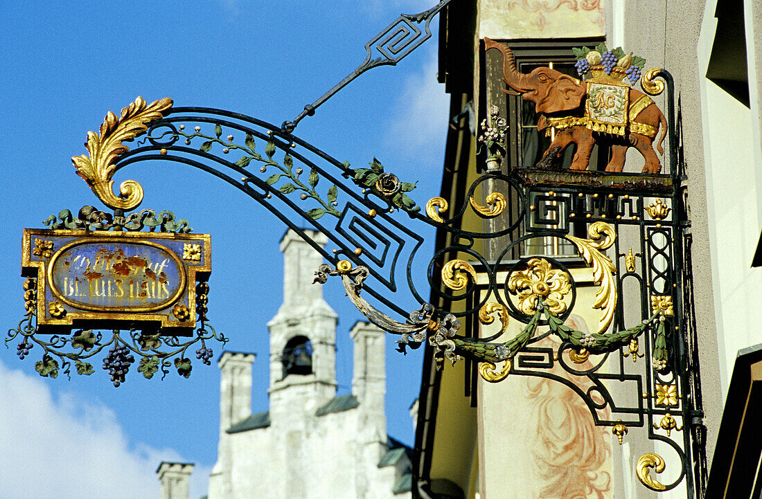 Ancient shop signs at Franz Josef street. Schwaz. Tyrol. Austria