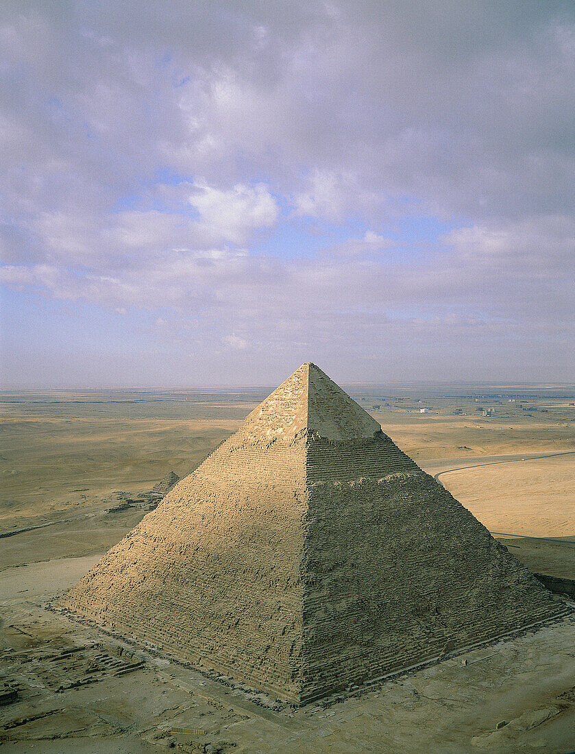 Elevated view of the Chephren Pyramid. View from top of Cheops pyramid