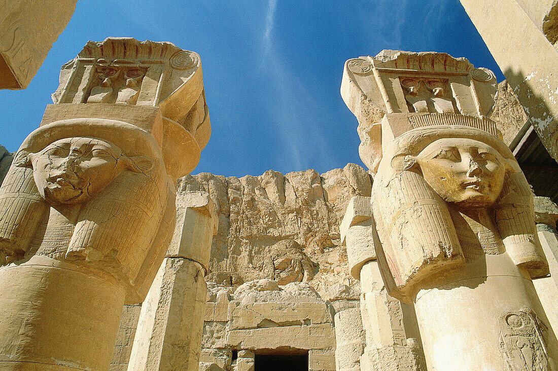 Columns representing goddess Hathor in Queen Hatshepsut Temple. Luxor. Egypt