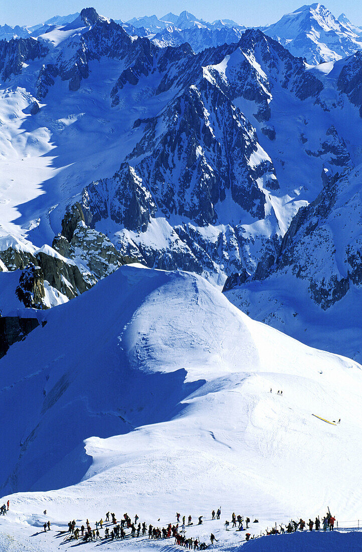 Winter sky at The Vallee Blanche glaciers, attainable with the Aiguille du Midi cable-way at 3870 m. Chamonix. Haute-Savoie. Alps. France