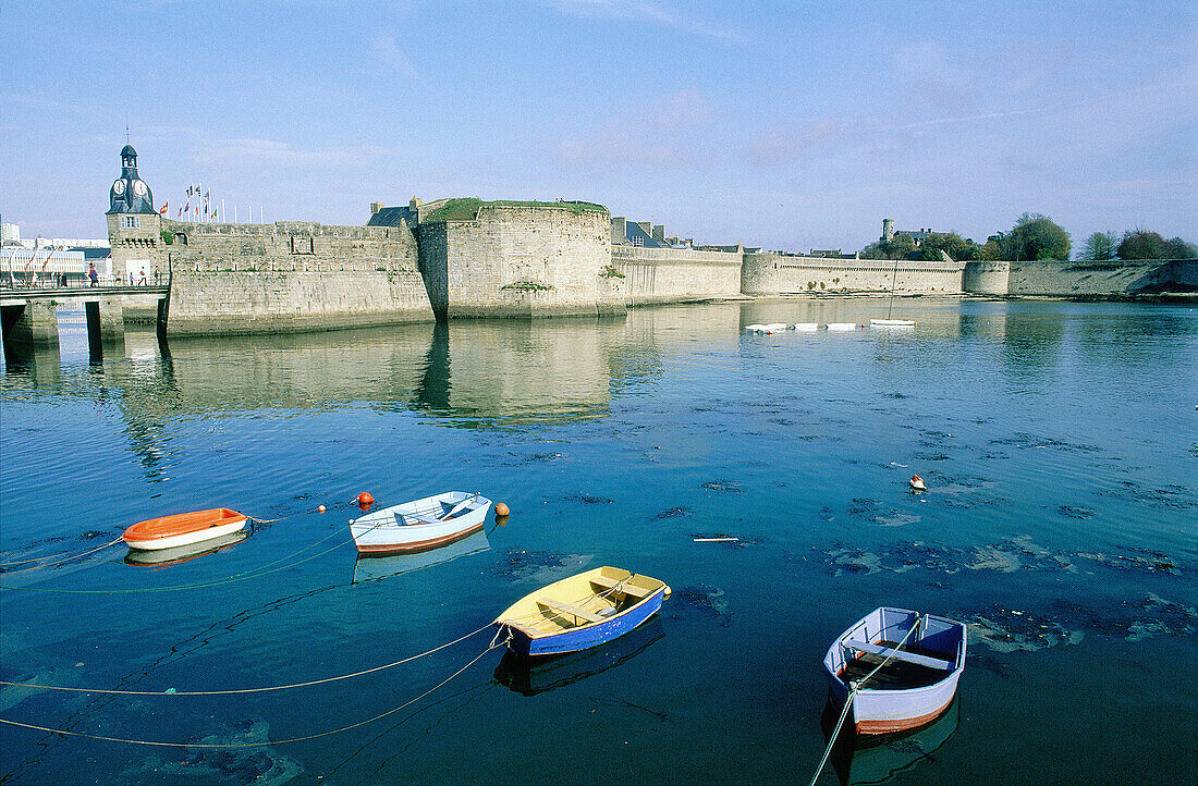 Old town ramparts on sea in background. Concarneau. Finistere. Brittany. France