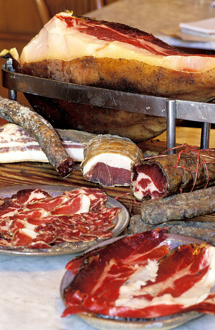 Sausages and cured ham, typical produce. Corsica Island, France