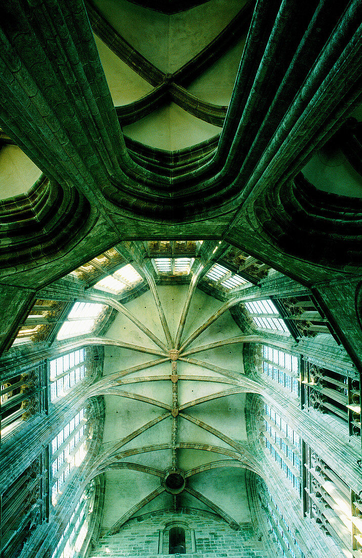 Vaults, central nave of the abbey church. Mont St. Michel. Normandy, France