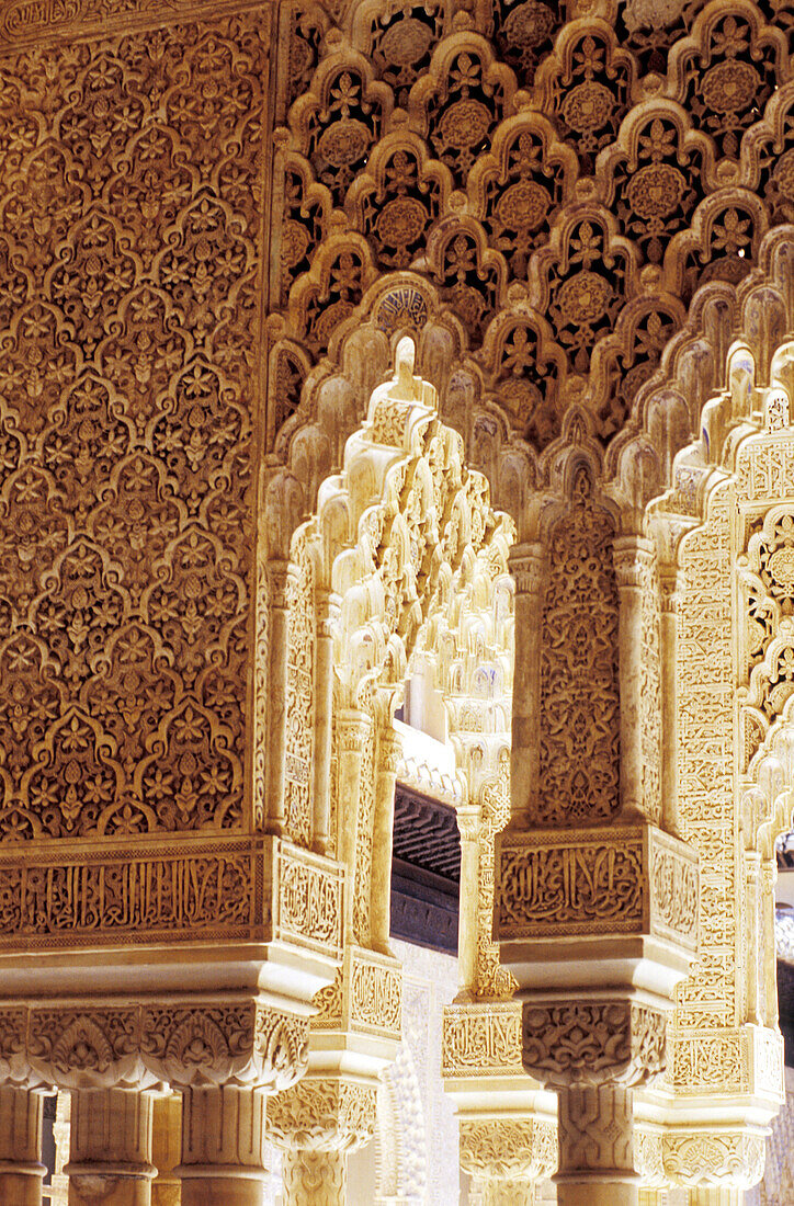 Detail of columns at the Courtyard of the Lions, Alhambra. Granada. Spain