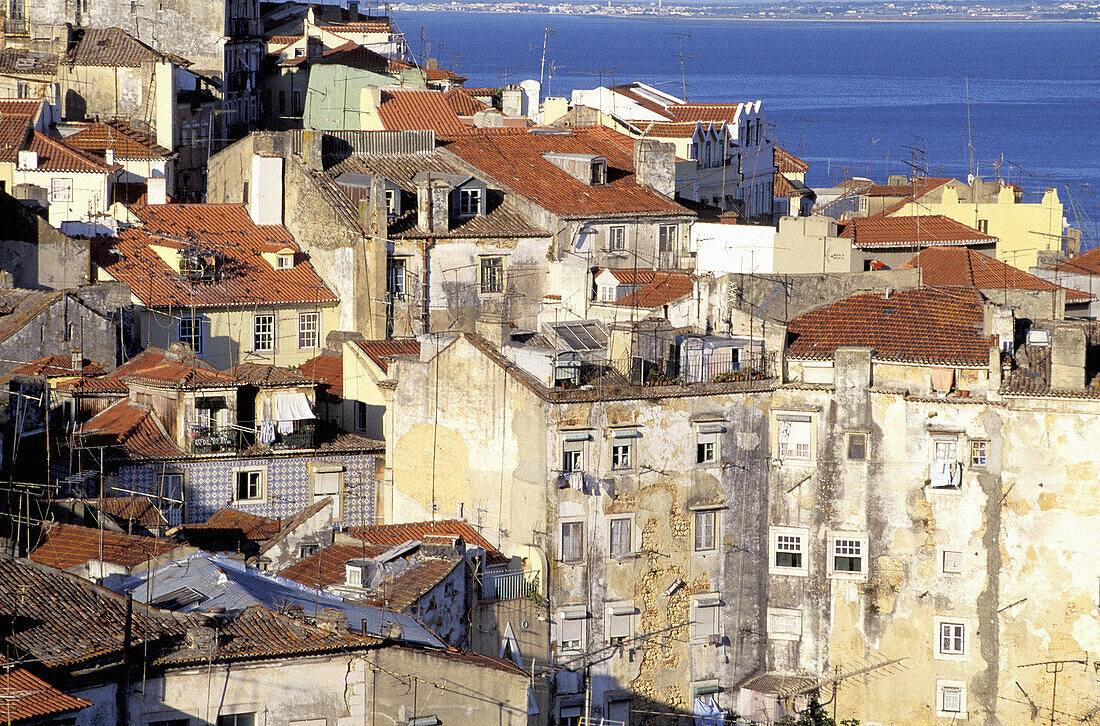 Overview from Castello de Sao Jorge road. Alfama quarter. Lisbon. Portugal