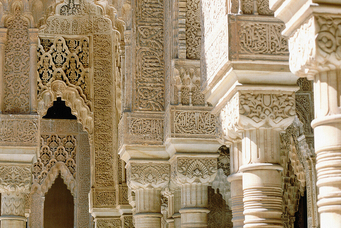 Detail of columns at the Courtyard of the Lions, Alhambra. Granada. Spain