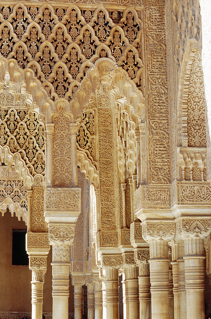 Detail of columns at the Courtyard of the Lions, Alhambra. Granada. Spain