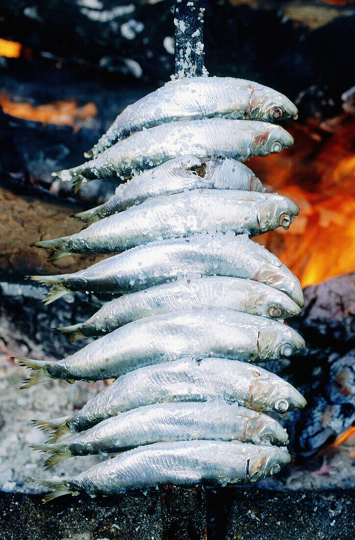 Fresh sardines being grilled on the beach. Marbella, Costa del Sol. Málaga province. Spain