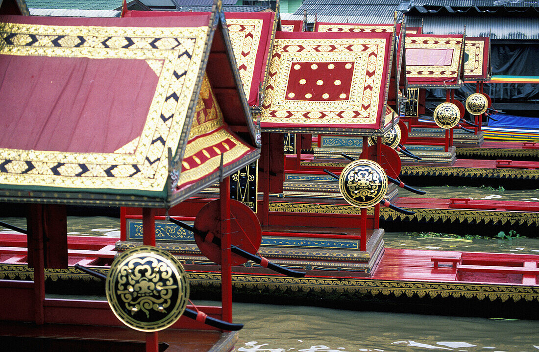 The royal barges moored on Chao Praya River. Bangkok. Thailand