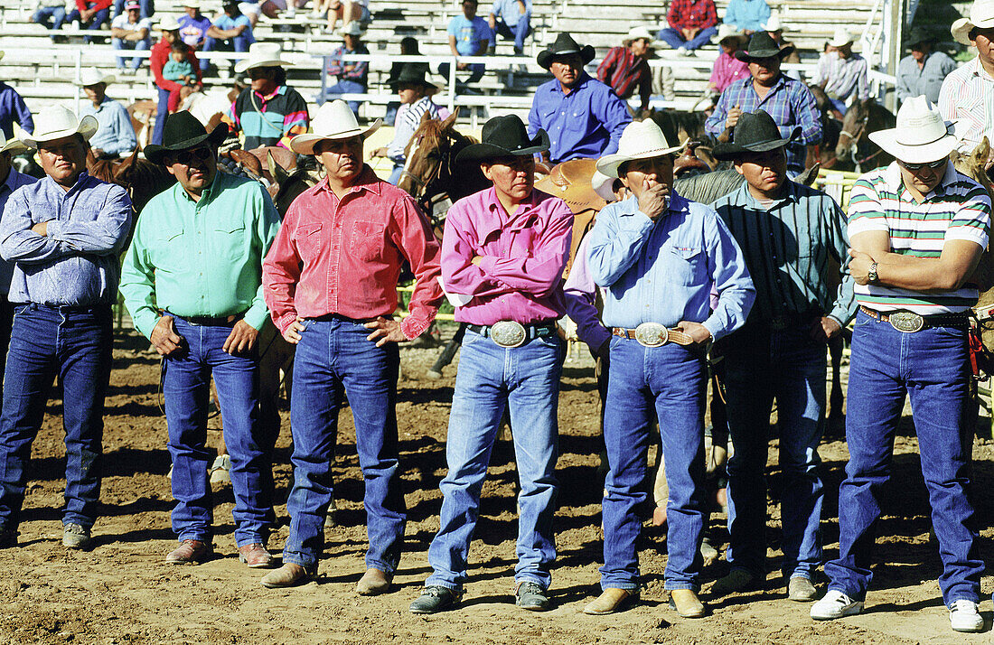 Rpw of Navajo cowboys attending rodeo. Window Rock fair. Arizona. USA