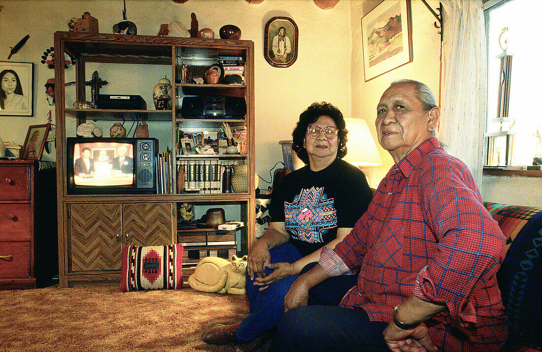 Couple of mature Navajo native Indians at their home. New Mexico. USA
