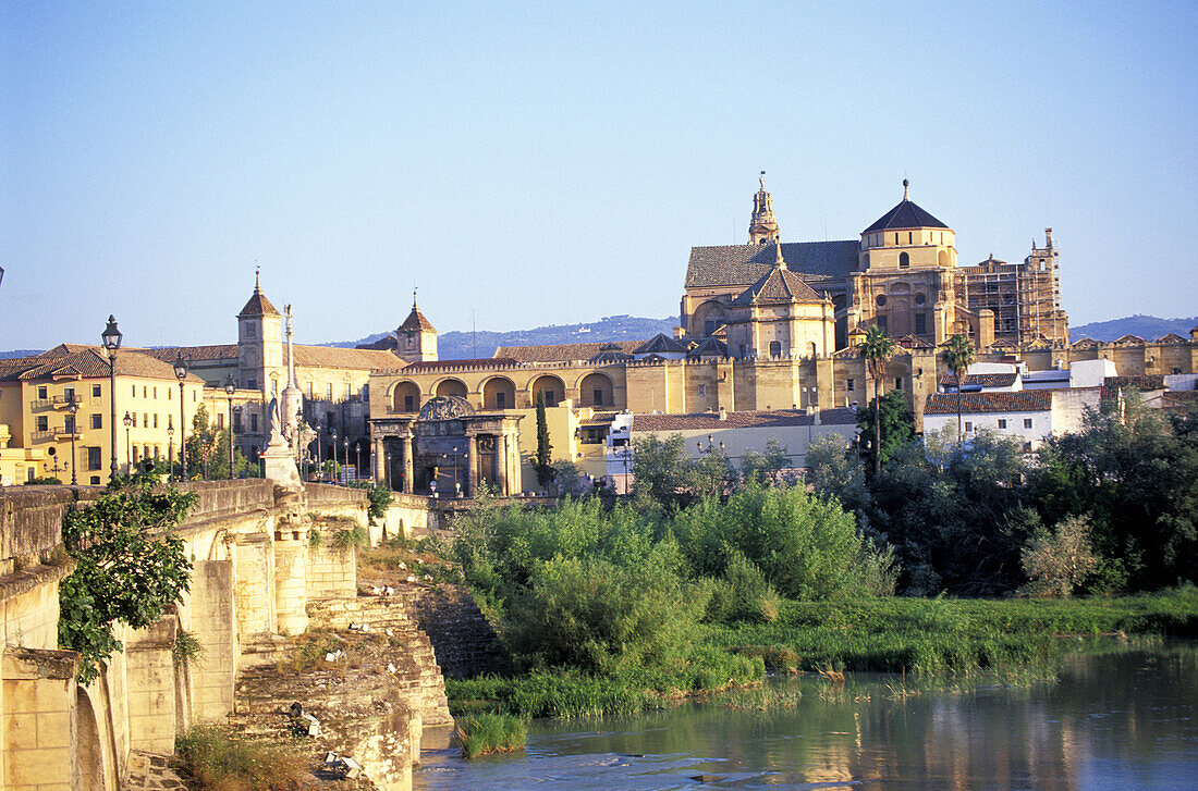 View of Córdoba bridge on Guadalquivir and cathedral within the Mosque. Spain