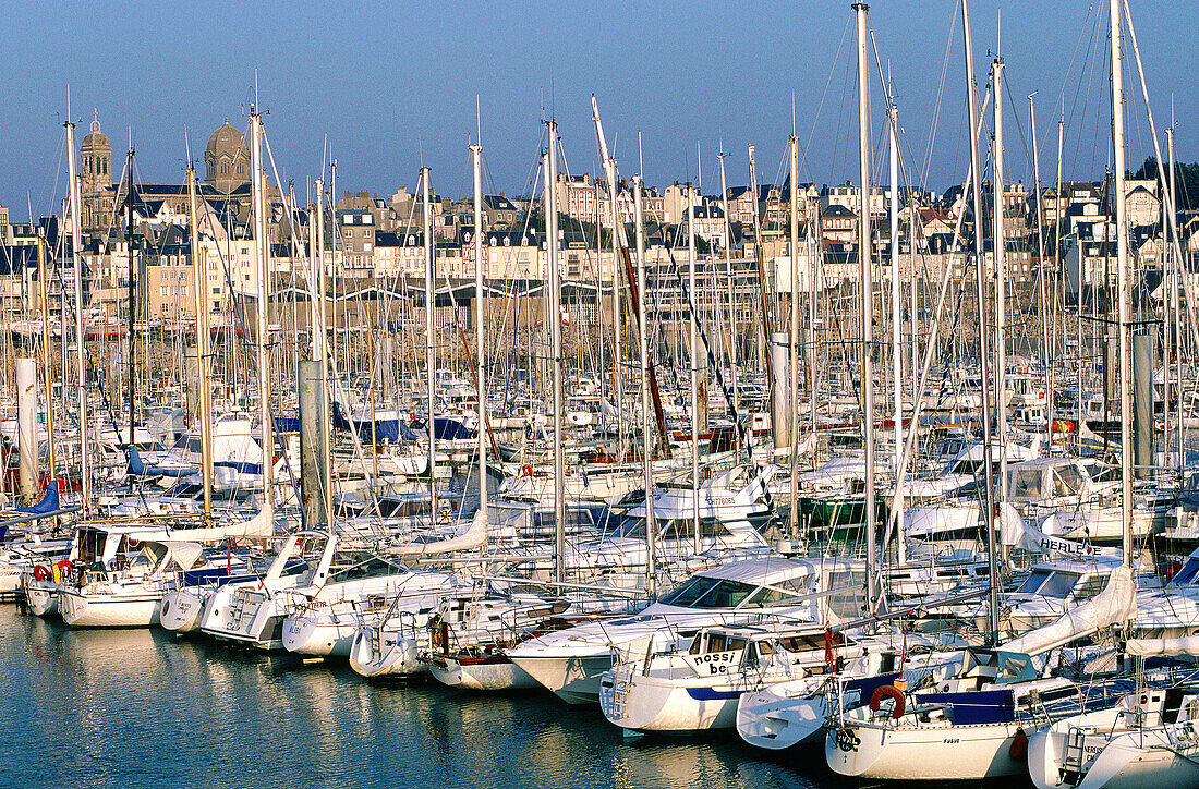 Sailing boats anchored in the marina. Granville. Normandy. France
