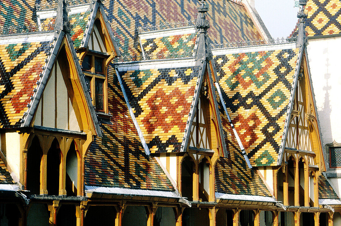 Ceramic tiles roof of Hotel Dieu (1443). Beaune. Burgundy. France